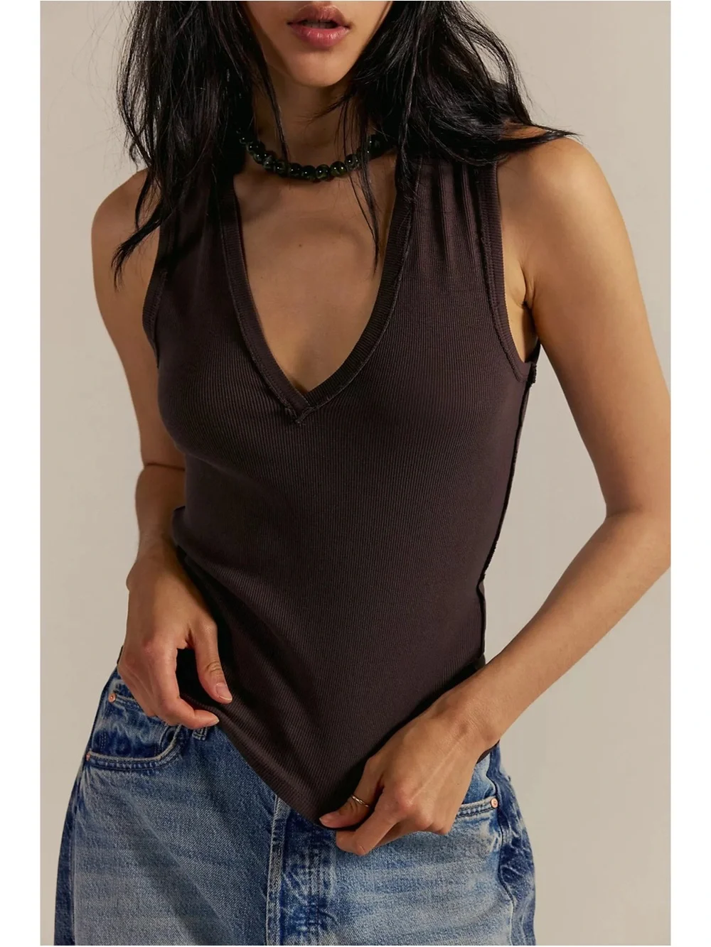 Free People Neria Ribbed Vneck Tank Top